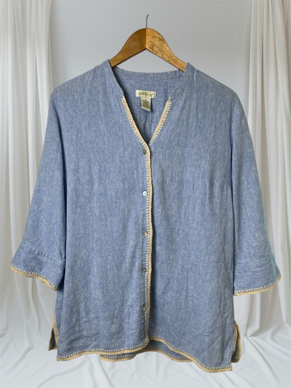 Orvis Blue Linen Blend Button Front Tunic Shirt Cream Whipstitch Women's Medium